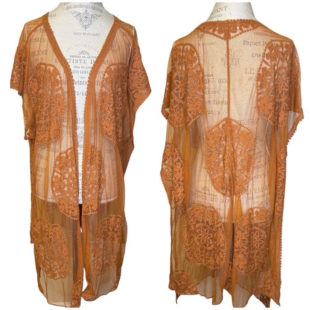Shyanne Sheer Embroidered Lace Rust Tan or Orange Kimono Cardigan Swim Cover-Up